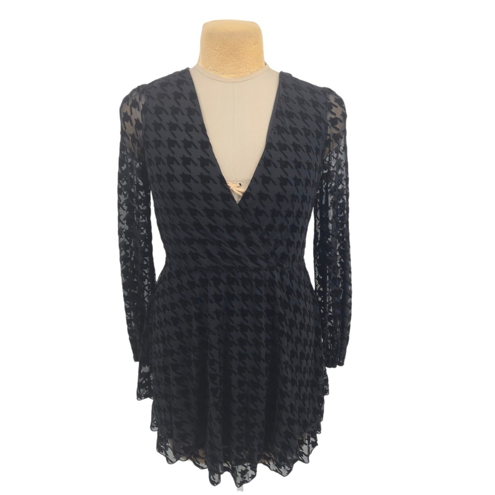 Inspired Hearts Dress L Black Houndstooth Burnout Velvet Mini Dark Academia Goth